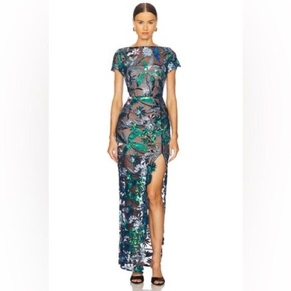 NWOT BRONX AND BANCO ZINNA EMBROIDERED EVENING Blue and Green DRESS,size XS - Picture 1 of 14